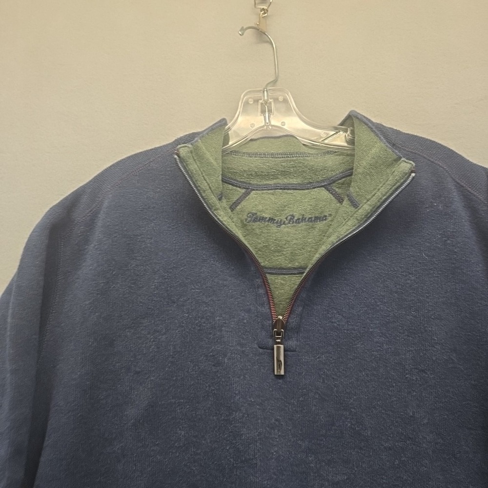 Tommy Bahama Sweater Mens Large Blue Green 1/4 Zip Reversible Mock Neck Pullover